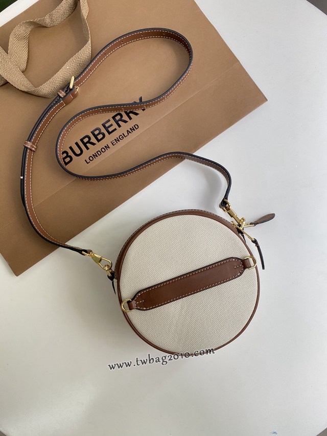 Burberry專門店新款圓餅包 巴寶莉棉質帆布拼皮革圓形斜挎包 yxb1472